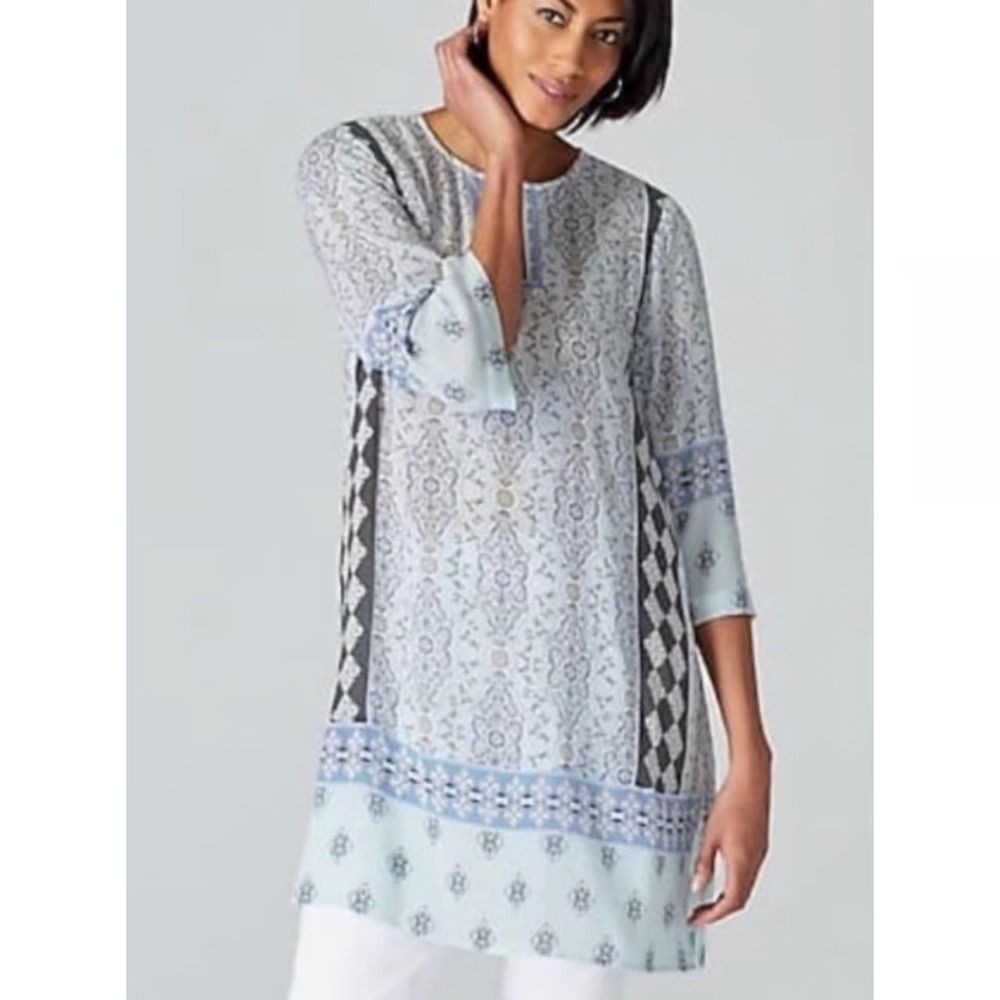 J. Jill Boho Paisley Printed Bohemian Casual Relaxed Tunic Top Blue Women M